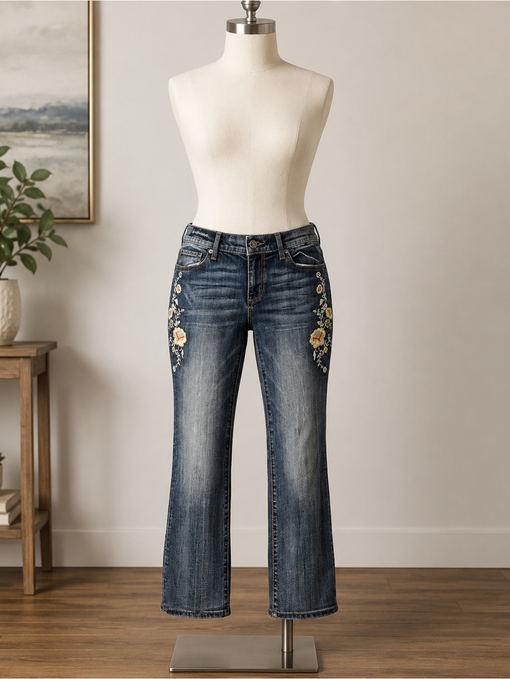 Driftwood Kelly Jeans Womens 28 Blue Embroidered Floral Bootcut Boho Denim